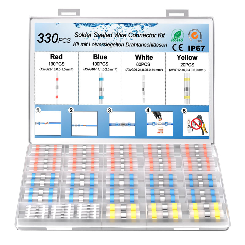 AIVORO Pack of 330 solder connectors, 10-26 AWG butt connectors 0.25-6.0 MM², cable connectors, waterproof set, solder connectors with heat shrink tube, suitable for cars and ships, shrink ratio 3:1