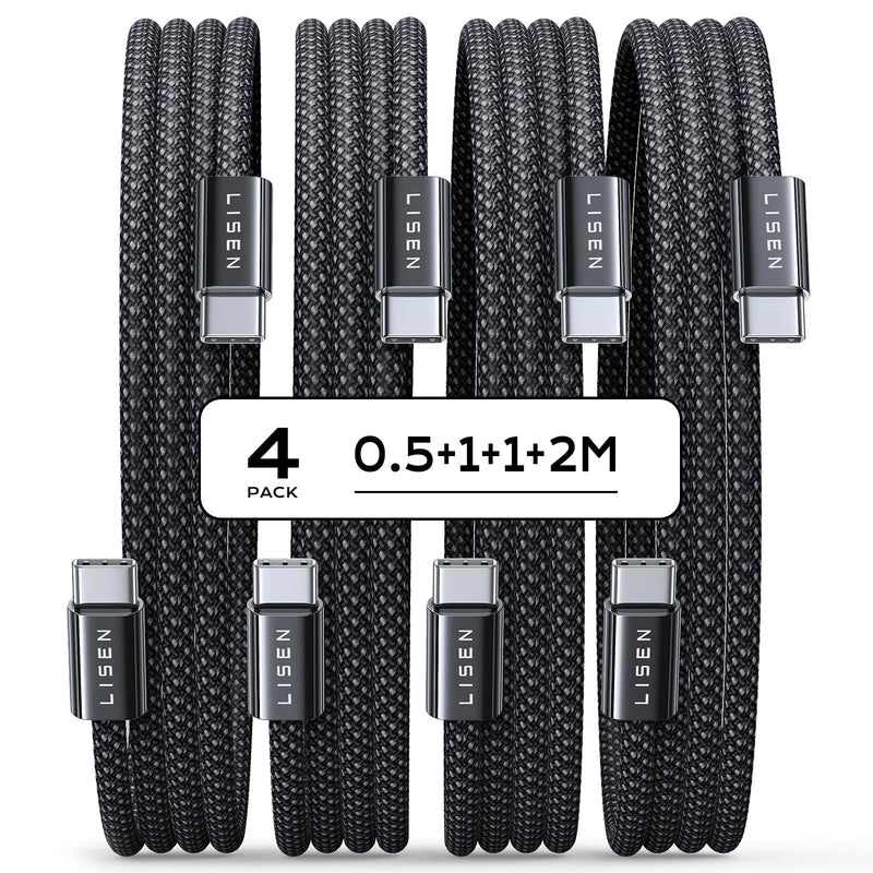 LISEN USB C to USB C cable [pack of 4, 0.5M 1M 1M 2M], 60W USB C charging cable, PD 3.0 fast charging cable USB C for iPhone 15 Pro Max Plus, Samsung Galaxy S24, iPad, Tab, Mi, Xiaomi, Huawei, OnePlus 0.5M+1M+1M+2M black