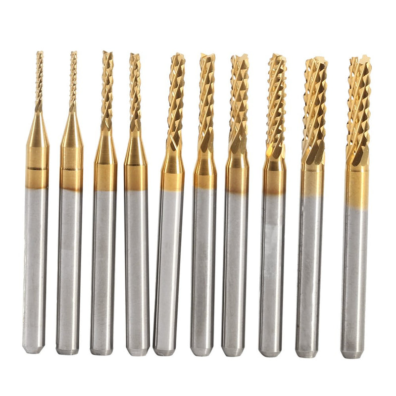 Watris Veiyi 10 pieces end mill, titanium coated CNC milling cutter, milling drill tools set, carving drill router bits 1.0-3.0 mm, shaft diameter: 3.175 mm