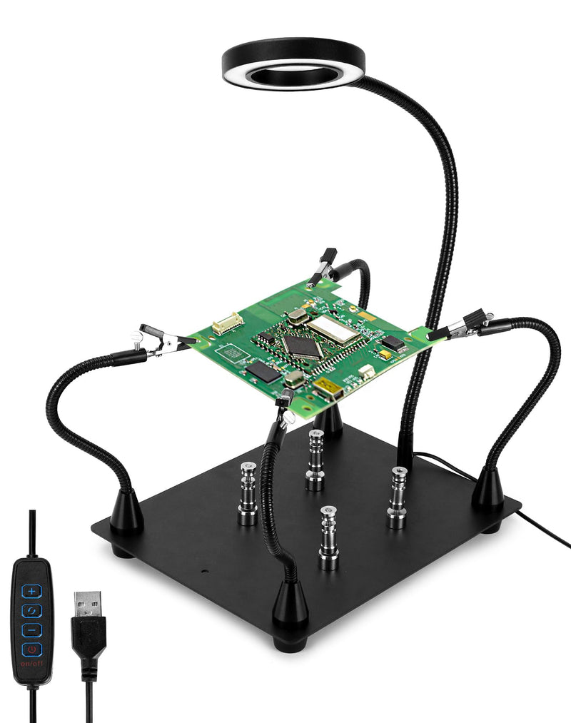 QWORK® Third Hand Soldering, with 6X LED Magnifying Lamp, 4 Soldering Helping Arms, 4 PCB Columns