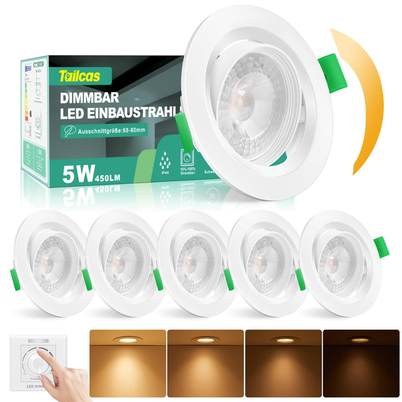 Tailcas LED recessed spotlights 230V flat dimmable, LED spots 5W 450LM ceiling spots IP44 LED recessed lights hole size 68-80mm, warm white 3000K swiveling recessed spots for bathroom, kitchen, living room, set of 6
