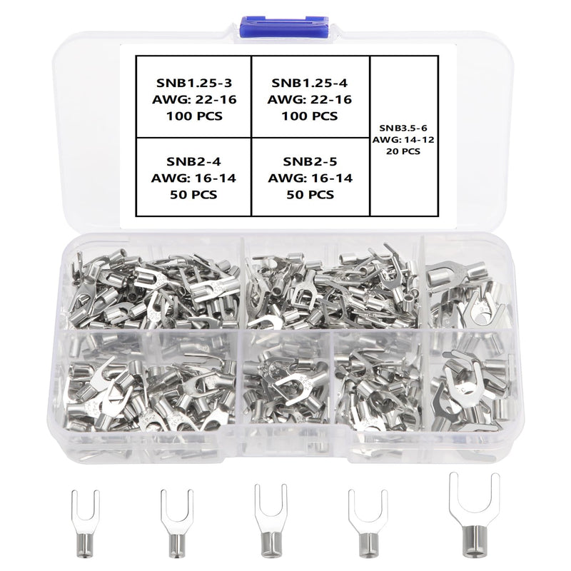 YIXISI 320 pieces non-insulated fork wire terminals kit, fork cable lugs crimp connector, copper lugs fork terminals connector, AWG 22-16 16-14 14-12