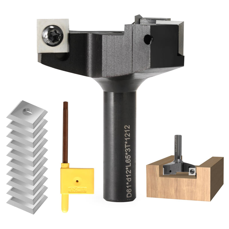 Trvoxviq 3 flute face milling cutter 12mm shank with 10 interchangeable carbide knives (12x12x1.5mm, 35°) for wood diameter 61mm, professional face milling cutter for routers and CNC machines (D=61 S=12) S=12,D=61