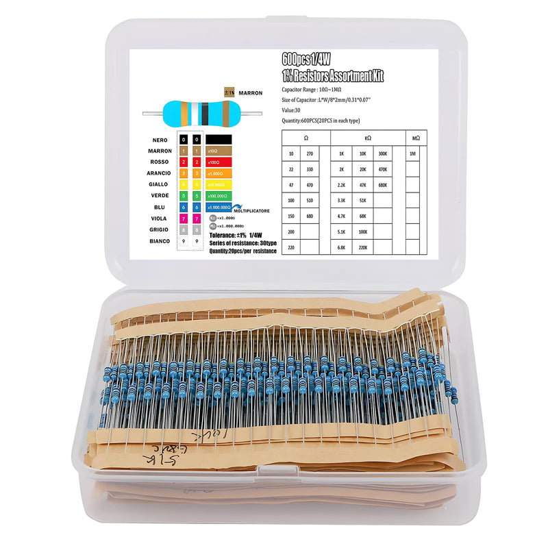 OUYANG Resistor Assortment 30 Values 600 Piece Resistors 10 Ohm - 1M Ohm 1/4W Carbon Film Resistor Kit