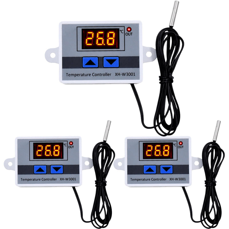 Pack of 3 digital temperature controller: XH-W3001 digital thermostat with sensor, waterproof probe, AC110V-220V temperature switch, LCD display, heating, cooling