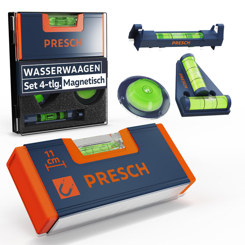Presch mini spirit levels set 4 pieces. - Mini spirit level, cross spirit level, circular spirit level and string spirit level - All-round set - Reinforced magnet for maximum adhesion - Break-proof acrylic glass spirit levels set of 4.