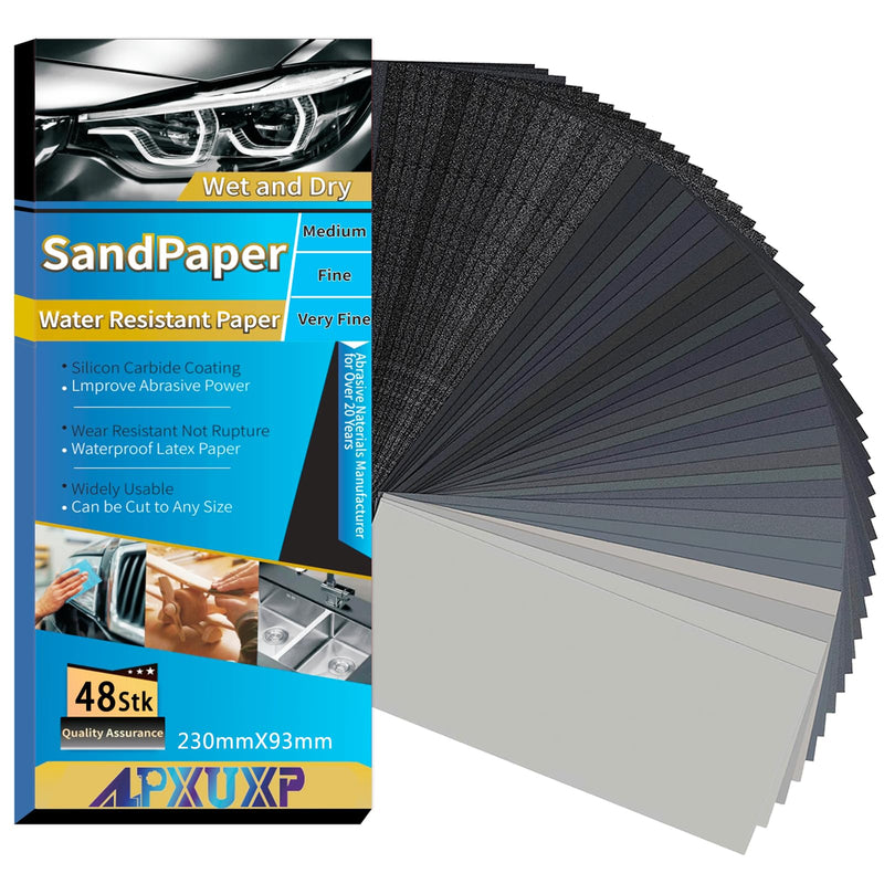 Sandpaper Set of 48 Wet and Dry Professional Water Emery Paper for Car, Metal, Wooden Furniture, Stone, Varnish, Glass, Grit 120/180/240/400/600/800/1000/1200/1500/2000/3000/5000, 23 x 9 cm (120 to 5000) 48 pieces