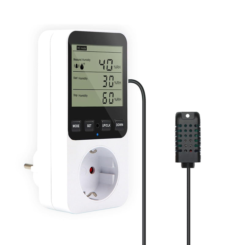 AIFIZO hygrostat socket with sensor, humidity controller 16A 230V for humidifier dehumidifier mushroom terrarium, 20~99% RH, -10°C~50°C, humidity controller temperature controller with alarm