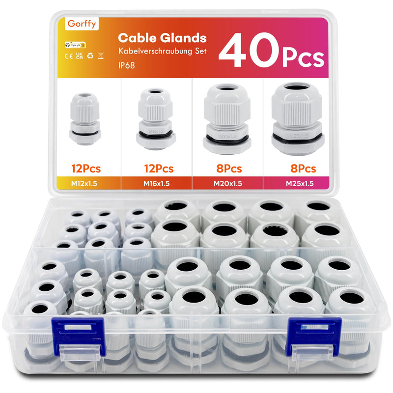 Cable gland set, Gorffy 40 pieces IP68 cable gland waterproof M12 M16 M20 M25, cable glands for outdoor garden switch box junction box, plastic nylon cable glands 40 pieces