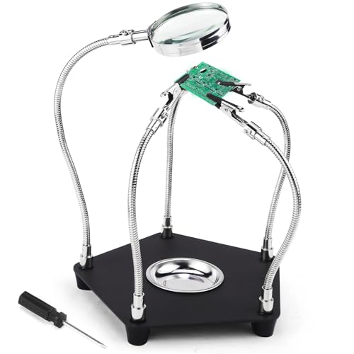 Third Hand Soldering with 3 x Magnifying Glass Soldering Aid Magnetic Helping Hand Soldering Circuit Board Holder Tool Model Making Accessories Four Arms Helping Hands for Soldering and Crafts Workshop Helping Station A