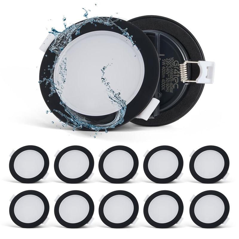 Gr4tec LED recessed spotlight 230V black, 10x 5W LED spots flat 35mm, ceiling spots bathroom IP65 neutral white 4000K 400LM, recessed ceiling lights 68-80mm, recessed ceiling spotlights for kitchen living room neutral white 4000k / black