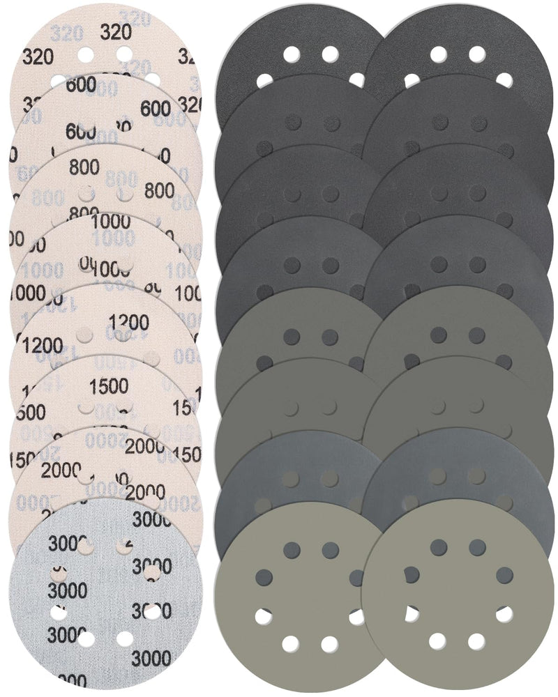 JatilEr 24 pieces sandpaper 125 mm Velcro, 8 hole wet dry sanding discs grit 320/600/800/1000/1200/1500/2000/3000 fine eccentric sander sandpaper set for car metal wood 24 pieces P320-3000