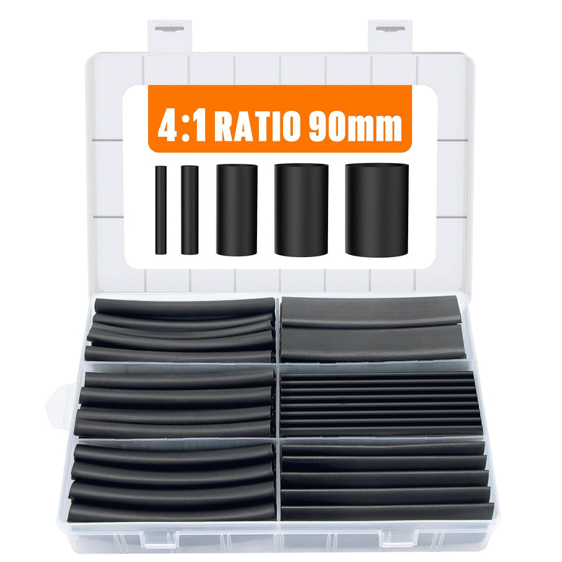 Lsnisni 90 mm heat shrink tube set with adhesive, 4:1 shrink tubes black, double-walled and waterproof, 5 sizes heat shrink tube, heat shrink tube cable sleeve - 100 pieces
