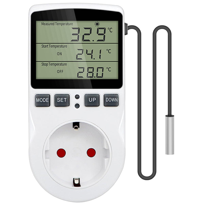 Greluma 1 Piece AC 230V Digital Temperature Controller Socket with Sensor Probe, Heating Cooling Thermostat Socket with Timer, LED Display Thermostat Switch for Greenhouse, Aquarium