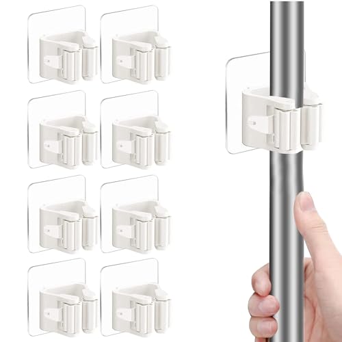 8 Pack Self Adhesive Mop Holder Wall Mounted Organizer Clip Broom Clips No Drilling for Bathroom Kitchen Office Closet Garden Garage Utility Room Tool Rack Storage - White