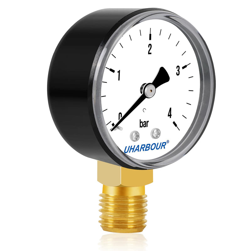 UHARBOUR pressure gauge water 0-4 bar, pressure gauge 1/4 inch, pressure gauge compressed air lower bracket, compressed air pressure gauge 1/4 BSP brass connection