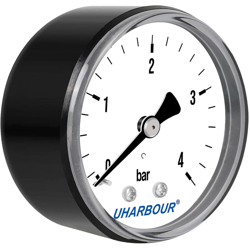 UHARBOUR pressure gauge water 0-4 bar, pressure gauge 1/4 inch, pressure gauge compressed air holder on the back, compressed air pressure gauge 1/4 BSP brass connection