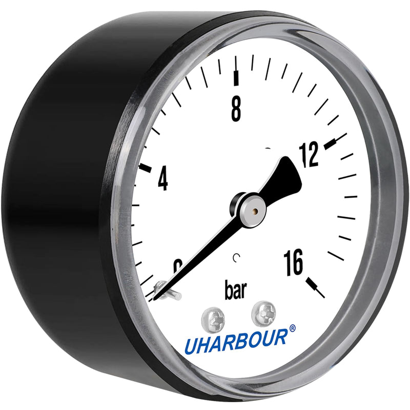 UHARBOUR pressure gauge water 0-16 bar, pressure gauge 1/4 inch, pressure gauge compressed air holder on the back, compressed air pressure gauge 1/4 BSP brass connection