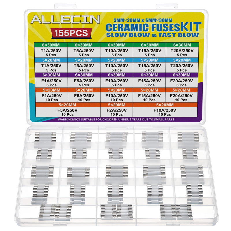 ALLECIN 21 Values Ceramic Fuses Assortment 5x20MM 6x30MM 250V Ceramic Fuses Fast F 1A 2A 5A 10A 15A 20A Ceramic Fuse Slow T 1 5 10 15 20 Amp 250Volt Fine Fuse Ceramic Fuse Kit Ceramic Fuses 5X20&6x30