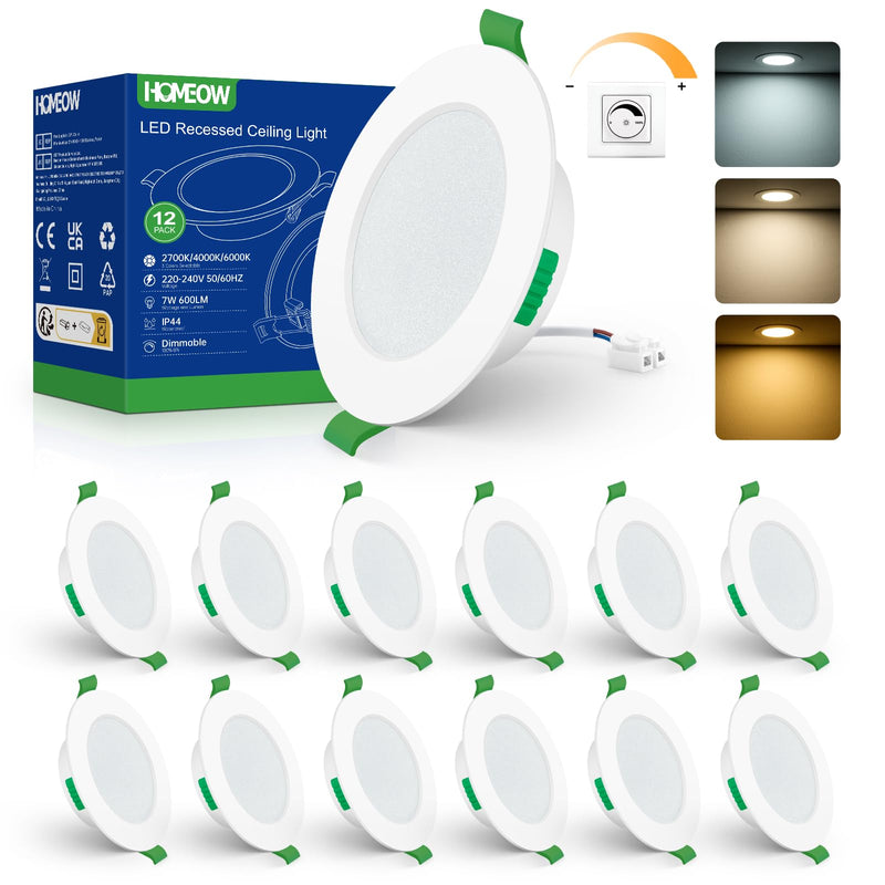 HOMEOW LED recessed spotlight 230V flat 7W 600LM, dimmable LED spots warm white 2700K neutral white 4000K cold white 6000K, IP44 recessed lights for the bathroom, 75-90MM hole size, set of 12