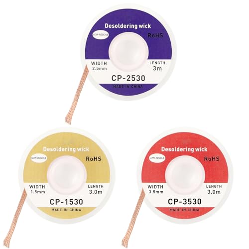 Pack of 3 Desoldering Braids - Copper Desoldering Wire (1.5 mm x 3 m, 2.5 mm x 3 m, 3.5 mm x 3 m) | Ideal for Desoldering and Removing Solder at Solder Points | High Thermal Conductivity Soldering Braid