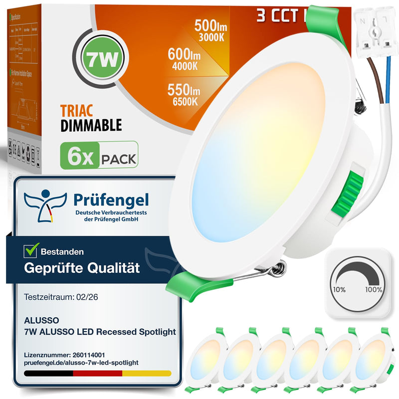 Alusso 3CCT LED Recessed Spotlight, 230 V, Dimmable, 7 W, IP44, Hole Size 67-75 mm, Set of 6 | Spotlights Ceiling Light 3000 K 4000 K 6500 K Selectable Ceiling Spotlights Recessed Lights for Bathroom Kitchen Round White 7w Round White, Hole Size 67-75 Mm