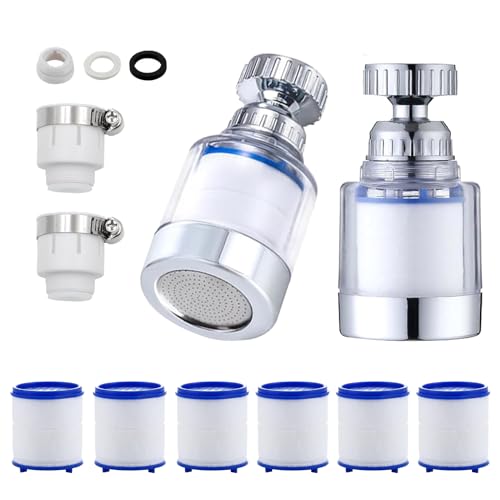 Pack of 2 Transparent Tap Filter, 360° Tap Filter + 6 Polypropylene Cotton Filter Element Water Filter Tap with Interchangeable Filter Element for Kitchen, Sink, Home Bathroom 2 taps + 6 filter elements