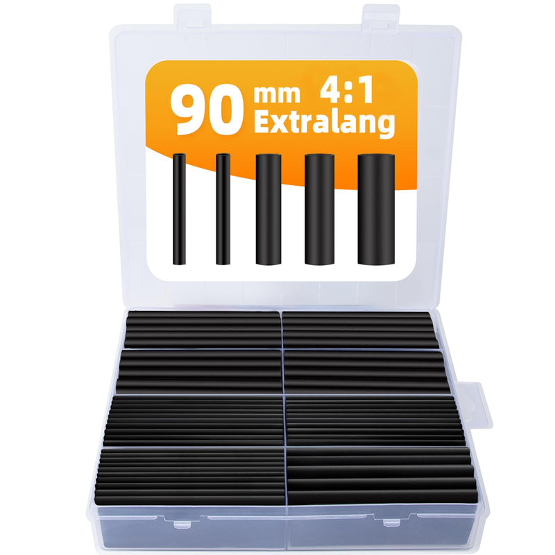 damoguin 90 mm Extra Long Heat Shrink Tube Set, 4:1 Waterproof Heat Shrink Tube with Adhesive, Heat Shrink Tube, Insulation Hose Assortment with 5 Different Sizes (Black, Pack of 100)