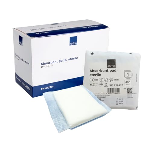 ABENA Absorbent Dressings 10 x 10 cm, Pack of 50, White, Sterile, Highly Absorbent Dressings, Absorbent Pad, Absorbent Pad, Latex Free, with Water-Repellent Backing | Highly absorbent bandages, absorbent pads, absorbent pads, latex-free, with water-rep...