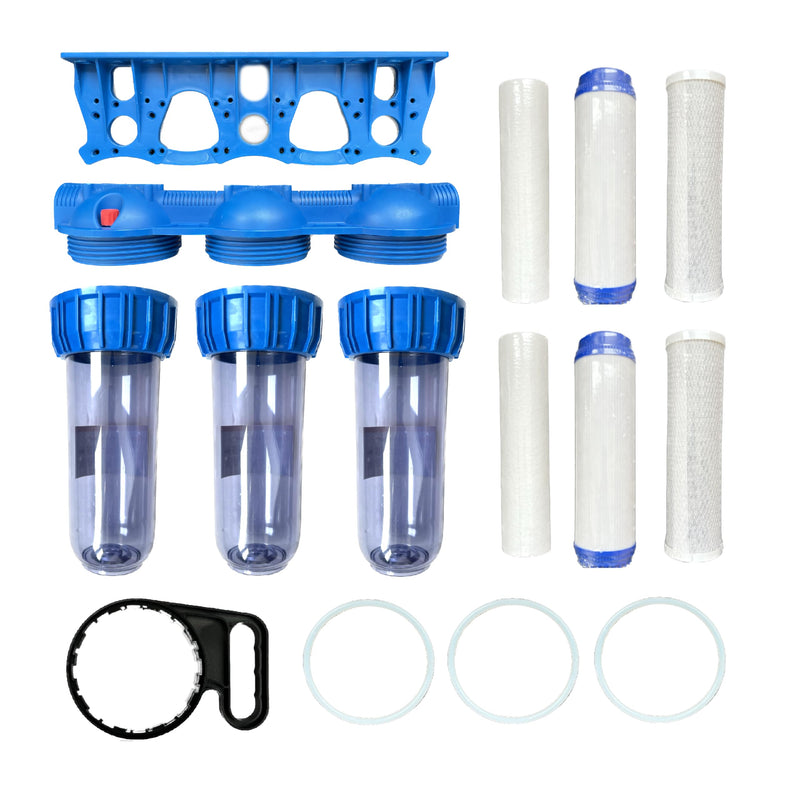 Water filter pre-filter 3 stages with 6 water filter cartridges 1 inch 8 bar | 10 inch cartridges | sediment filter | for domestic waterworks | Well water water supply | 4000 l/h | Filter insert set with 6 filter inserts