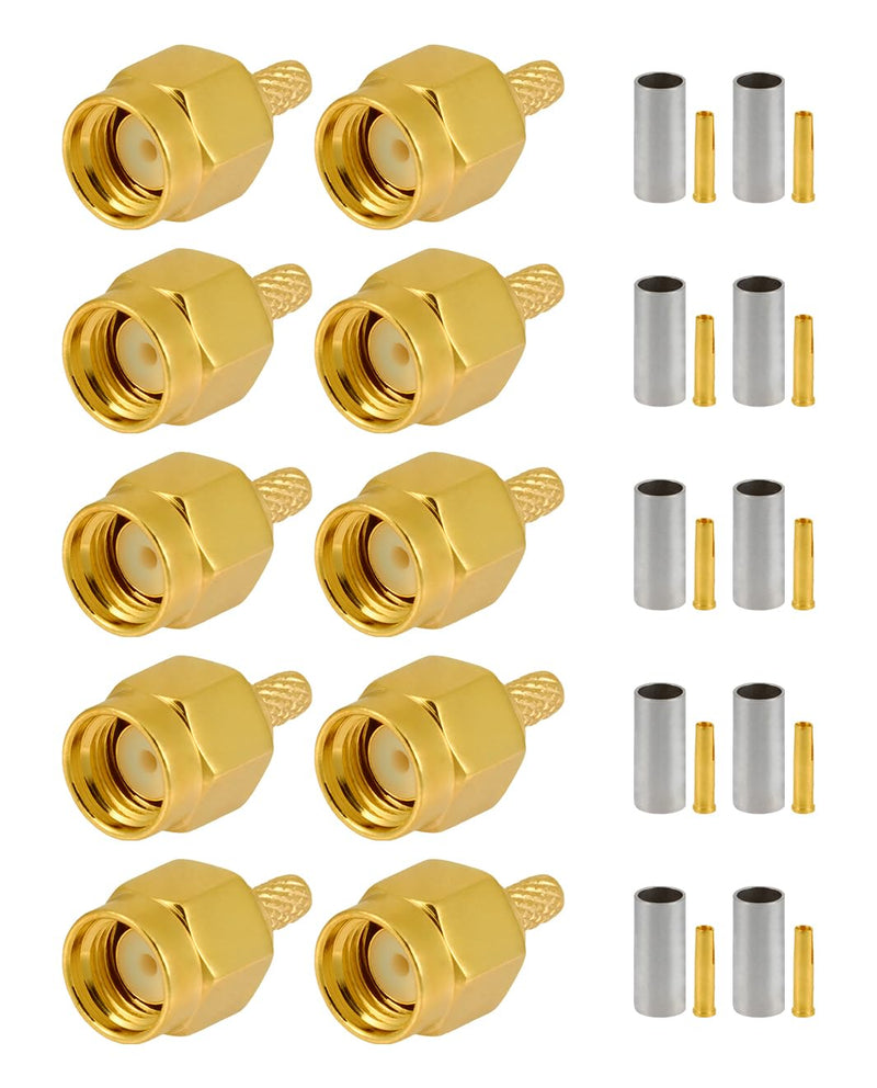 Vecys RP SMA Connectors RP SMA Male Crimp Connector for RG316 RG174 RF Coaxial Cable Pack of 10 RPSMA Male for RG174/RG316