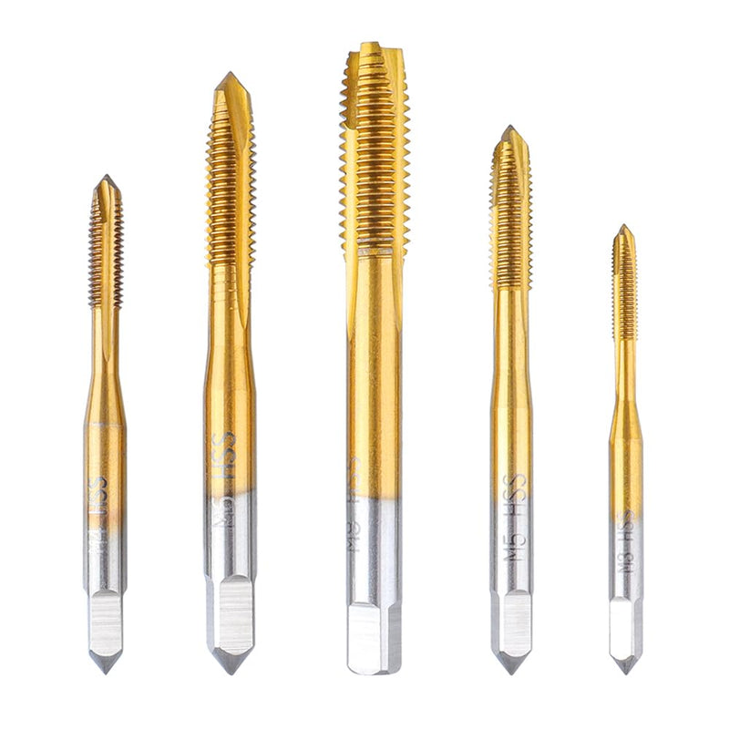 Treki 5 Piece Professional Tap Bit Set M3 M4 M5 M6 M8 HSS Titanium Tap Bit Set, Metric Thread Cutting Tap Finishing Tap Machine Tap Bit for Cutting Thread