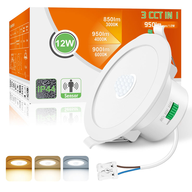 Alusso 3CCT LED Recessed Spotlight 230 V Motion Sensor 12 W Hole Size 90-100 mm | PIR Spotlights Warm White Neutral White Cool White IP44 Ceiling Spotlights Recessed Lights for Hallway Staircase Porch White 12 W White With Motion Sensor, Set of 1