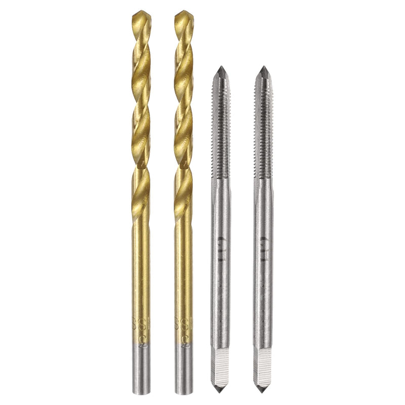 QUARKZMAN Metric Tap and Drill Bit Set, 2 Pieces M3 x 0.5 Straight Groove Taps and 2 Pieces 3mm Titanium Coated Twist Drill Bits HSS6542 | M3 x 0.5 Straight Groove Taps, 3mm Titanium Coated Twist Drill Bits, Thread Cutting Tools