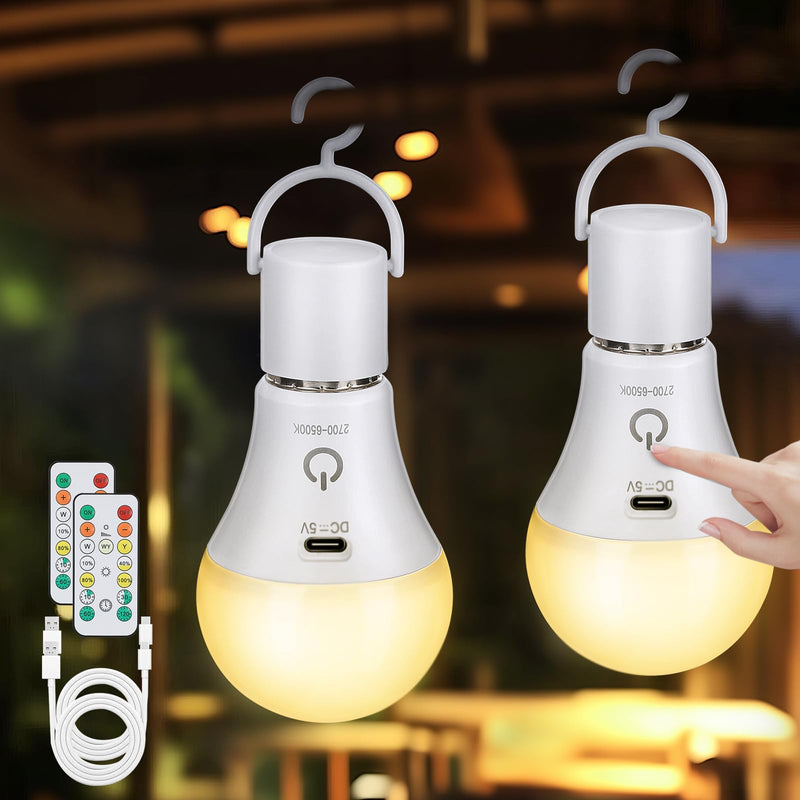 Kimjo E27 Rechargeable Light Bulb with Battery 7W 3 Colors Pack of 2 | Rechargeable Light Bulb with Remote Control, Battery Lamp with Hook, USB, Dimmable, Timer, Touch Control, Camping, Outdoor Emergency Light 3000k, 4500k, 6000k (2 Pieces)