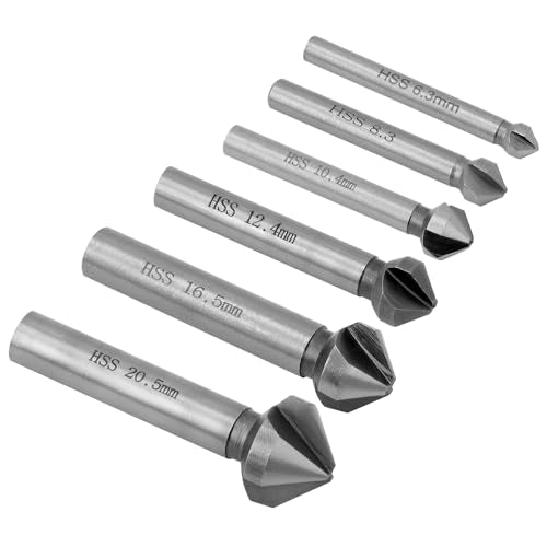QWORK Countersink 90° 6.3-20.5 mm HSS Steel Countersink Drill Bit for Wood, Metal, Plastic, Pack of 6