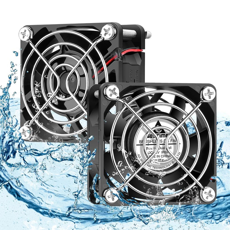 GDSTIME Pack of 2 12V Waterproof Fan 60mm IP68 Dual Ball Bearings | 60 mm fan waterproof 12 V fan 60 mm IP68 4500 rpm 6 cm case fan for PC computer 2 pieces 60x25mm fan IP68