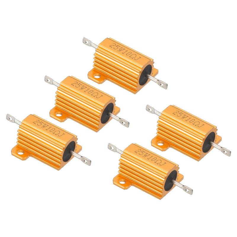 PATIKIL Pack of 5 25 W 10 Ohm 5% Tolerance Aluminum Housing Wire Wound Resistors Resistance Assortment Case with Screws Wire Wound Resistors Power for Machines Electronics DIY Golden 10 Ohm 25 W