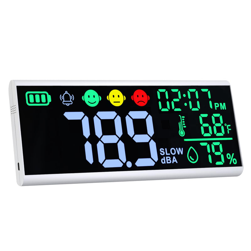 Decibel Meter 13 Inch Wall and Table Sound Level Meter Large LED Device for Displaying Decibels, Time, Temperature and Humidity with Buzzer & Symbol Alarm for Classroom and Studio