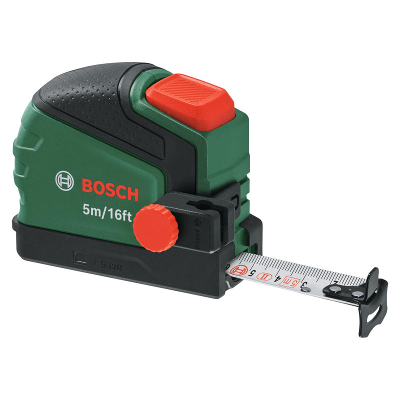 Bosch Maßband 5m/16ft mit Stifthalter (Auto-Lock; Nylonbeschichtetes Band; 22mm Breite; abknickfreie Ausziehlänge 2m; Skala metrisch/zöllig; hohe Genauigkeit; Gürtelclip; Ergonomisch mit Softgrip) 5 m