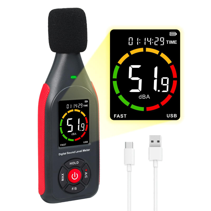 GAIN EXPRESS Decibel Meter, Decibel Meter with Data Logger, Sound Level Meter with 30-130dB Measurement, 31,000 Datasets, 3-Colour Light Alarm, Rechargeable dB Meter for Home, Classroom Lcd Screen Display