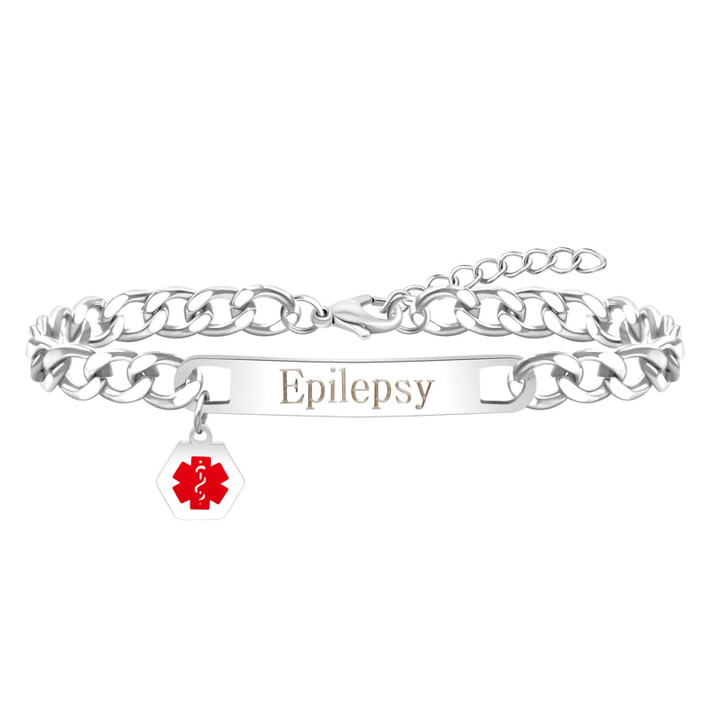 Uloveido Red Medical ID Bracelet | White/Black Cuban Chain Bracelets | Custom Medical Alarm Jewelry for Men Women | Waterproof Stainless Steel Bracelet YA5169 White Epilepsy