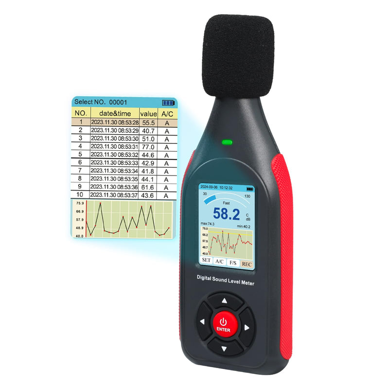 Decibel Meter, Data Logger, Digital Sound Decibel Meter, Sound Level Meter with 43,000 Records and Export, Rechargeable Noise Meter with A/C Frequency and DC Output with Alarm