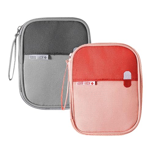 First Aid Bag, Empty, Pack of 2 Mini Travel Pharmacy Bag, Waterproof | For camping, travel, outdoor and car (grey + pink)