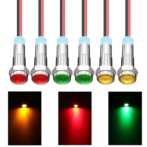 Cerioll LED Metal Indicator Light, LED Metal Indicator Light, 6 mm LED Indicator Light, Pack of 6 Metal Indicator Light with Wire, Waterproof Signal Lamp, 110 V-220 V (Red, Yellow, Green, 2 Pieces of Each