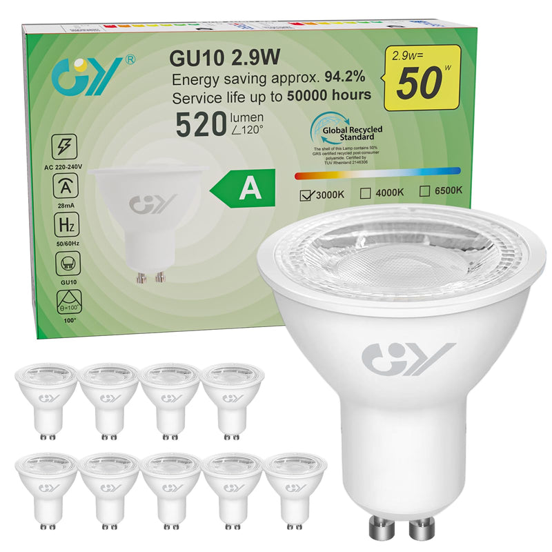 GY GU10 LED Warm White Bulb 2.9 W 520 Lumen 3000 K Warm White Bulbs, 50 W Lamp Replaced, Beam Angle 110° Bulb, Not Dimmable Energy Saving Bulb, Pack of 10 10 pcs