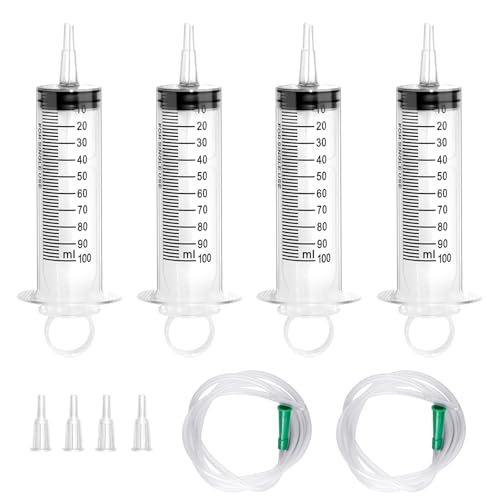 Syringe 100 ml, Pack of 4 Large Syringes with Hose 1 m, Plastic Syringes | Without needle, independently packaged dosing syringe 100 ml for experiments, pet feeding and industrial applications