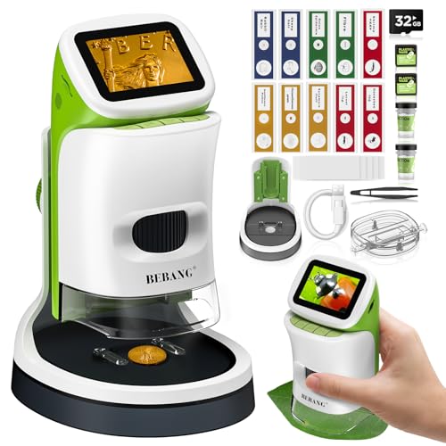 Children's microscope with stand, 2-inch 4K screen, 1000X digital magnification, portable mini-scope science kit for boys and girls ages 4-12 with slide set, 32G card, STEM learning toy, gift