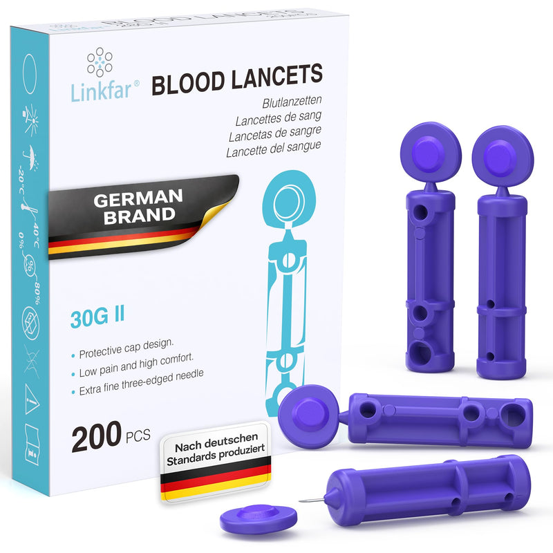 LINKFAR Lancets 30G Sterile Pack of 200 | Disposable blood lancets for blood glucose monitor and diabetes test, compatible with common lancing aids 30G 200Pcs