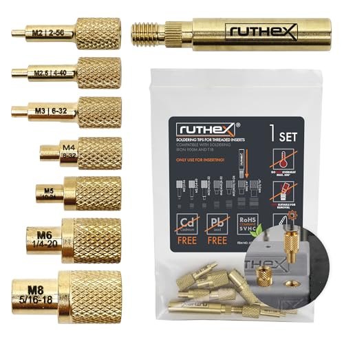 ruthex 7x Soldering Tips/Melting Aid Set - Soldering Iron Tips for ruthex Thread Inserts M2 / M2.5 / M3 / M4 / M5 / M6 / M8 - #2-56/ #4-40/ #6-32/ #8-32/ #10-24/1/4 Inch with Soldering Iron Adapter 900M/T 18